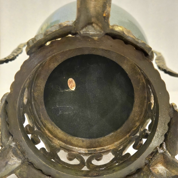 Antique Style Celadon Crackle Vase Ormolu Bronze Handles Base French Rococo 17” - Picture 8 of 11